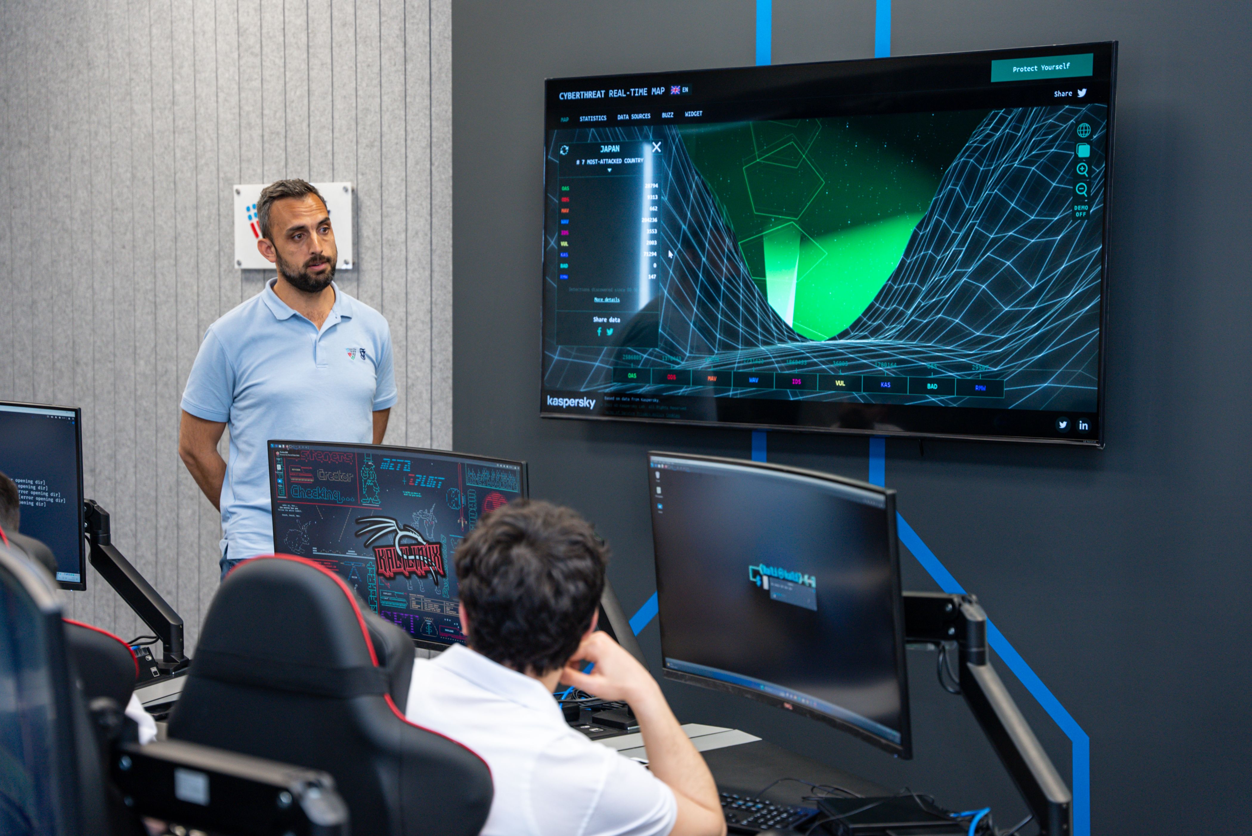 Technical training room with instructor and display screens